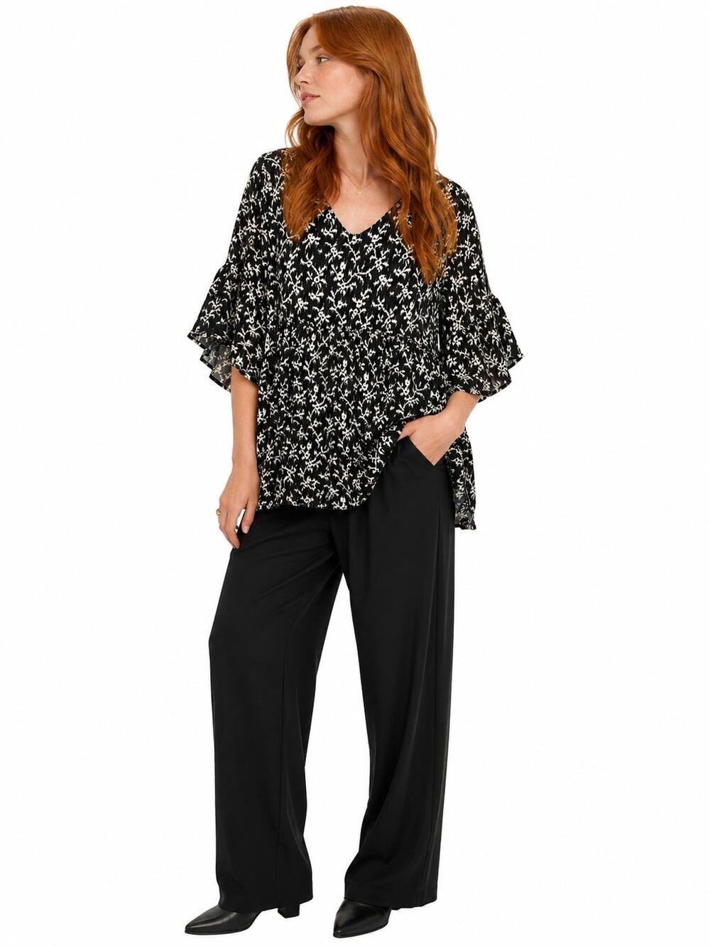 LR3903 Universal Thread Black White Floral Print Peplum Tunic Blouse Small